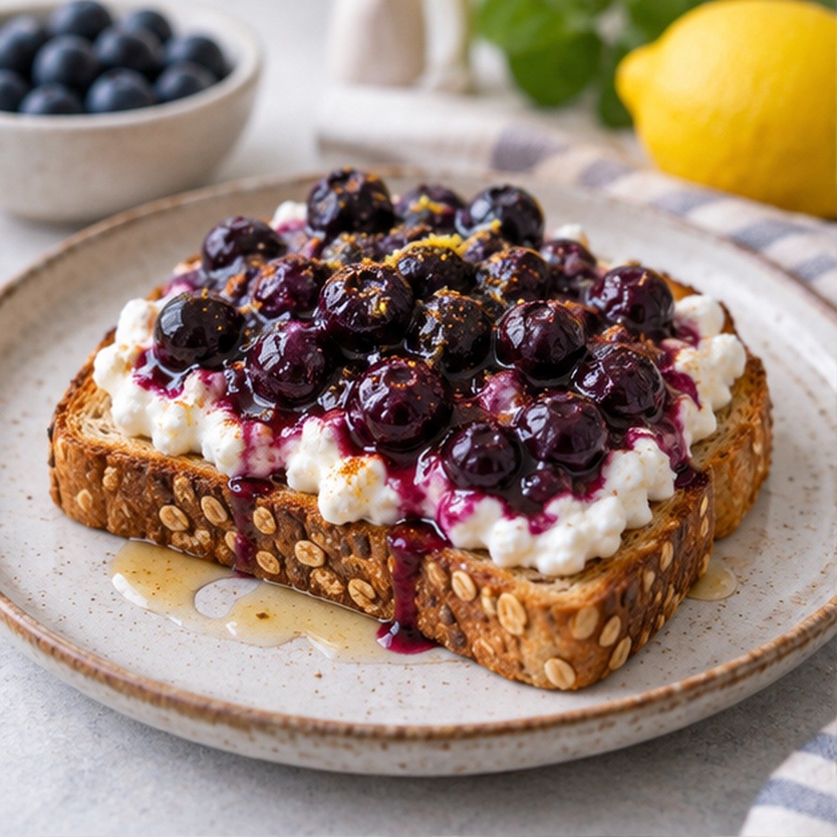 Cottage Cheese Toast With Warm Blueberries